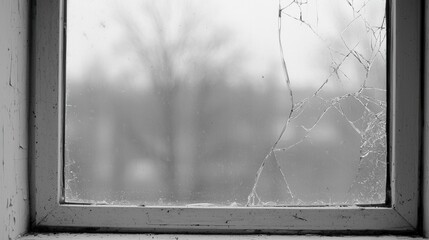 Cracked window pane with winter backdrop symbolizing chaos and transition