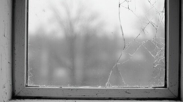 Cracked window pane with winter backdrop symbolizing chaos and transition