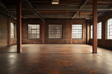 Spacious urban loft with exposed brick and large windows in midday lighting
