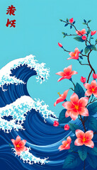 Asian waves and tropical flowers, banner for AAPI in may, pixel art, with white tones