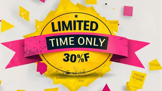 A vibrant promotional banner displays a limited time only offer featuring a striking yellow badge with a pink ribbon announcing a 30% discount. This eye-catching design grabs attention