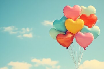 Fototapeta premium Colorful heart-shaped balloons floating in a clear blue sky on a sunny day