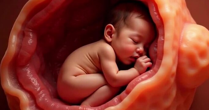 A baby is visible in the womb through the mother's belly, showing a developing fetus approximately 12-16 weeks after conception. A tender portrayal of prenatal development, capturing tiny unborn child