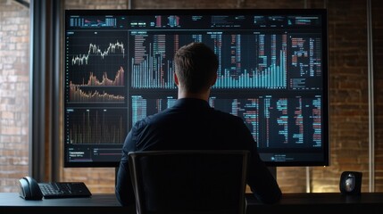 Data analyst analyzing financial trends office digital display modern environment professional viewpoint insightful concepts
