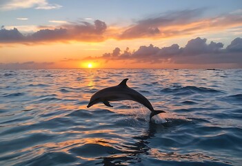 Fototapeta premium Majestic Dolphin Leaps at Sunrise. A stunning sunrise over the ocean showcasing a dolphin leaping gracefully out of the water