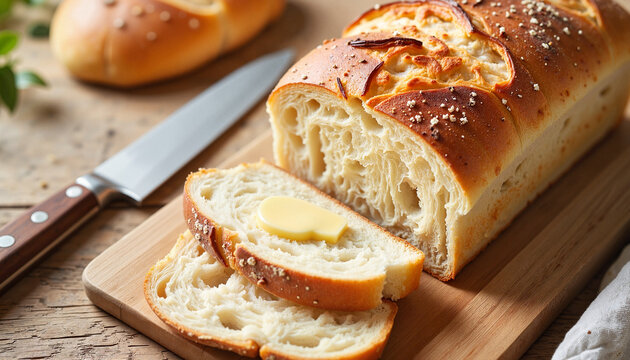 Freshly baked bread loaf with butter slice on wooden cutting board in rustic kitchen - Powered by Adobe