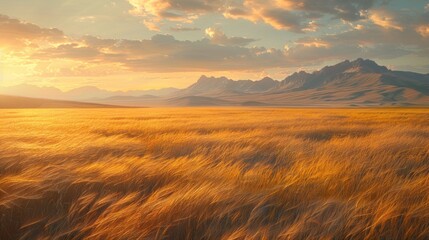 Fototapeta premium Golden Sunset over Serene Wheat Field and Majestic Mountains