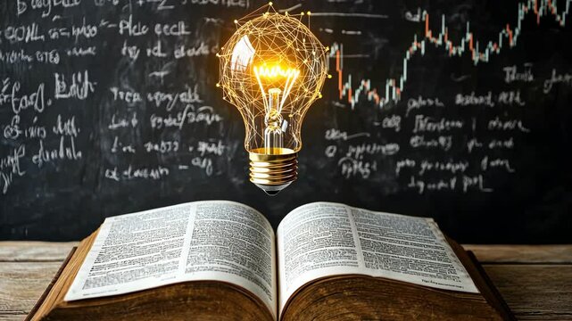 Light bulb suspended above an open book against a blackboard filled with equations and graphs, symbolizing creativity and knowledge