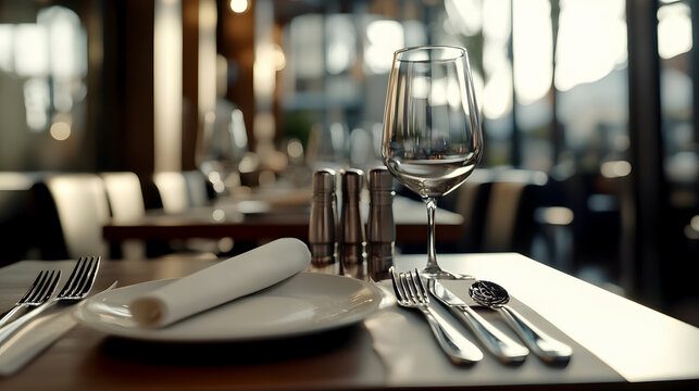 A waiter serving food in a restaurant, with a focus on a table set with a fork and knife.