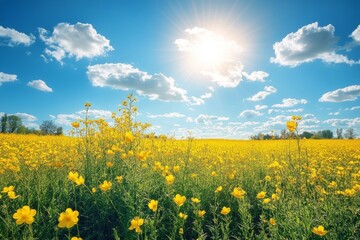 Obraz premium Bright yellow flowers blooming in a sunny field during springtime