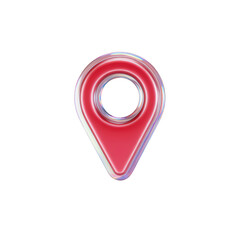 A 3D render of a minimalist style scene with a red map pointer. The map pointer is holographic and iridescent. It is floating in the air above a transparent background