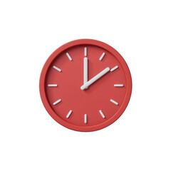 A 3D render of a minimalist red clock icon with a minimalist style. The clock is isolated on a transparent background. The clock hands are in the 2 o'clock position. 