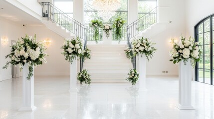 Elegant luxury wedding venue with grand staircases and floral arrangements for spring celebrations
