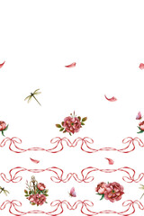 Seamless vertical border with flowers, key, butterfly and dragonfly. Ornament of red tied bows. Watercolor illustration isolated from the background. Hand drawn pattern for textile and stationery