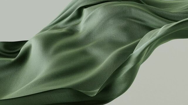 Fabric wave looping motion. Abstract seamless animation minimal fashion scene. Satin green piece of cloth move on the wind 3d render