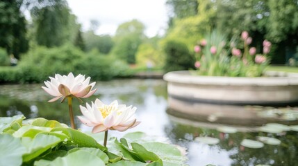 Elegant spring garden with a tranquil pond and blooming aquatic plants
