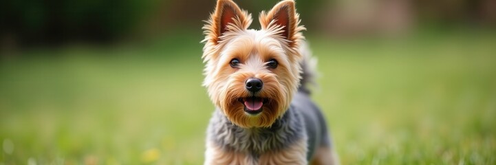 Fototapeta premium Adorable Cairn Terrier puppy with playful eyes and a happy expression enjoying a bright day in a lush green field