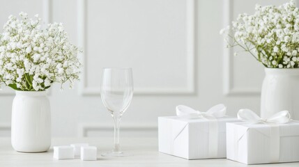 Fototapeta premium Elegant wedding favor display with white flowers and custom gift boxes