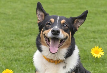 Happy Dog Outdoors Smiling at the Camera. A joyful mixed-breed dog with a vibrant smile wearing an orange collar sits on a grassy lawn