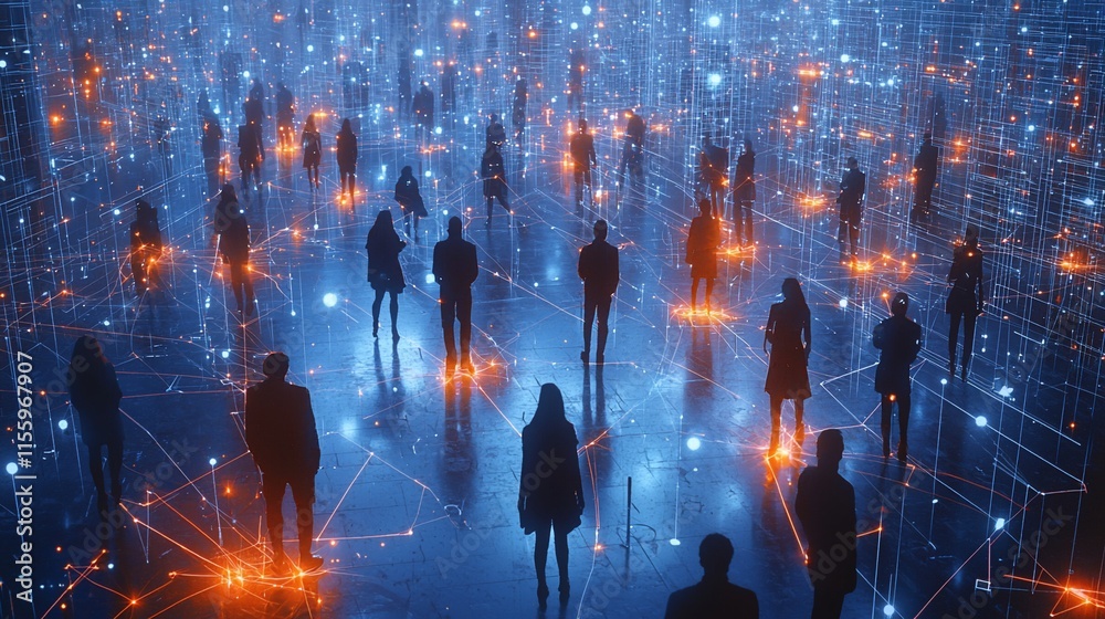 Poster silhouetted figures in a glowing network.