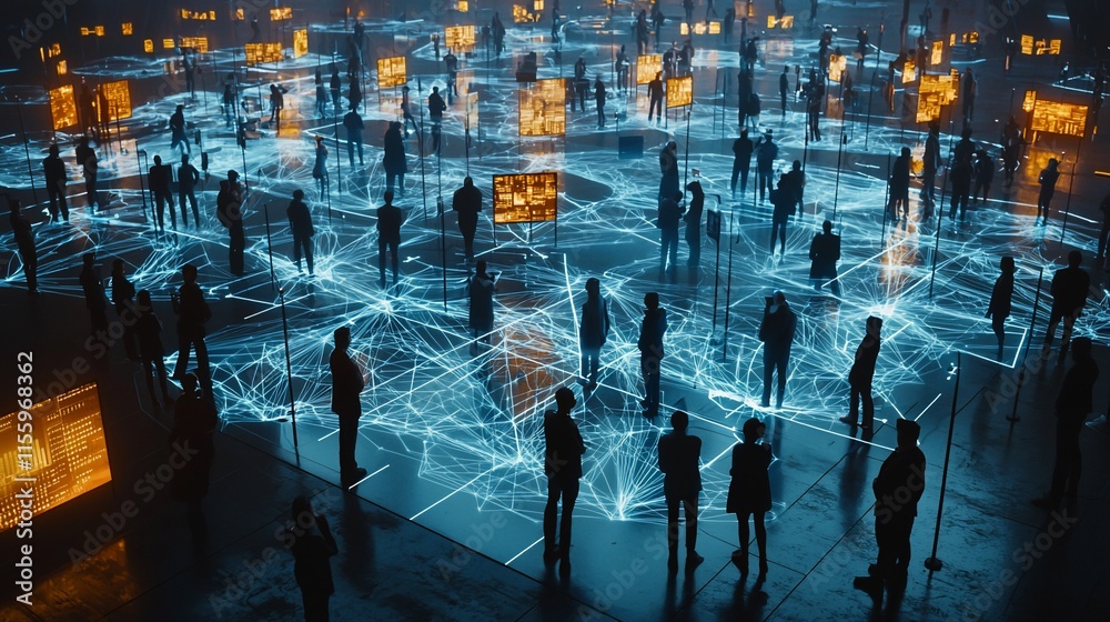 Poster global network connection, digital crowd.