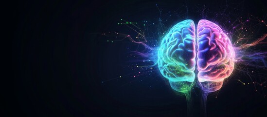 Colorful neural brain illustration with connected neural networks on dark background