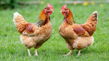 Free range chickens in lush green pasture at a vibrant poultry farm