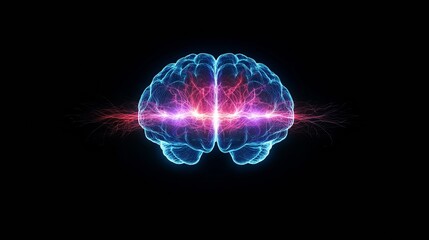 Neon glowing human brain with electric pulse on black background