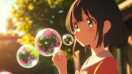 A playful anime girl blowing soap bubbles on a bright summer