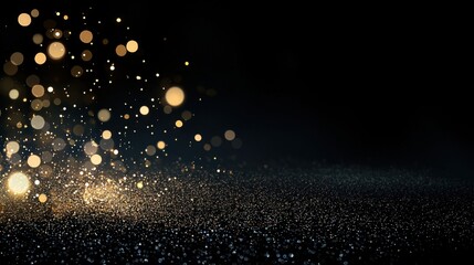 Glittering gold sparkles on dark background creating a magical atmosphere