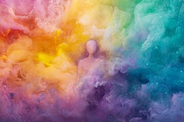 Fototapeta premium Abstract rainbow dreams: ethereal figure in colorful smoke swirls
