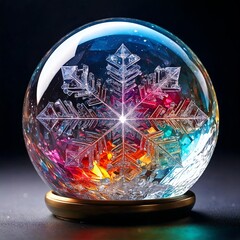 glass ball with a snowflake inside, surrounded by multi-colored crystals