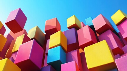 Obraz premium Vibrant Colorful Cubes Abstract Art: A Dynamic Composition of Multi-hued Blocks Against a Bright Sky