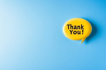Bright yellow thank you speech bubble on light blue background