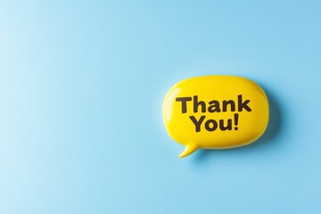Yellow speech bubble with "thank you" text on light blue background