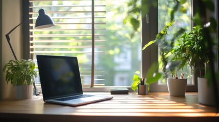 Fototapeta premium Home office setup urban apartment lifestyle photography natural light cozy view productivity concept