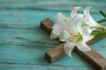 White lilies on wooden cross against distressed teal background