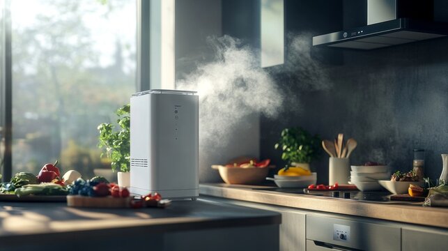 Cooking steam rising from humidifier in modern kitchen home cooking indoor environment bright lighting culinary experience