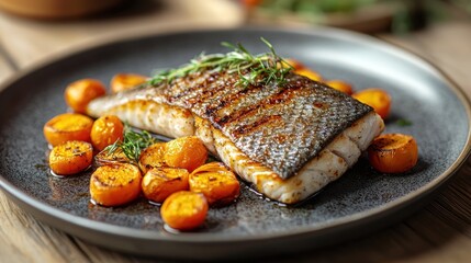 Grilled fish fillet with roasted tomatoes and rosemary.