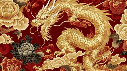 Fototapeta premium Majestic golden dragon art traditional asian design cultural expression elegant red background artistic masterpiece