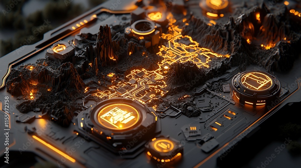 Aufkleber futuristic circuit board with glowing orange pathways and textured landscape.