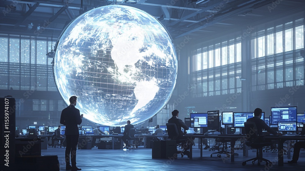 Poster global network, data center, tech professionals working late.