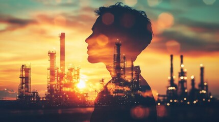 Obraz premium Silhouette of contemplation against an industrial skyline at sunset oil refinery context environmental reflection