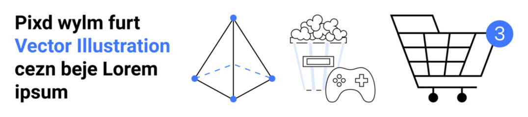 Geometric shape with nodes, popcorn, game controller, shopping cart with notification. Ideal for technology, entertainment, gaming, shopping, digital interfaces, notifications, geometry. Landing page