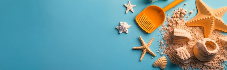 Bright beach toys and seashells arranged on a vibrant blue background for summer fun