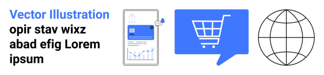 Smartphone with analytics, shopping cart in a chat bubble, and a globe. Ideal for online shopping, e-commerce, global business, mobile commerce, digital marketing, data analytics, website graphics