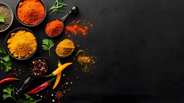 Assorted spices including turmeric, paprika, curry, and chili peppers arranged in bowls and spoons on a dark background. Flat lay composition with copy space. Culinary and kitchen concept.

