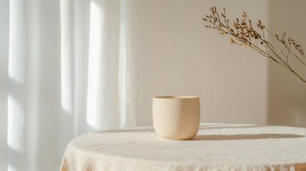 Minimalist pottery on neutral toned table with natural light