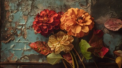 Autumnal flowers and leaves on rustic background.