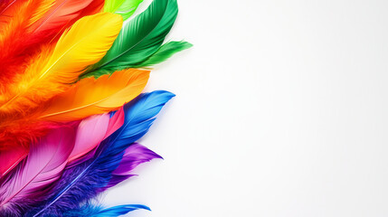 Delikatne pióra w kolorach tęczy na białym tle, tworzące harmonijną reprezentację ducha flagi LGBT, z przestrzenią na tekst lub grafikę.